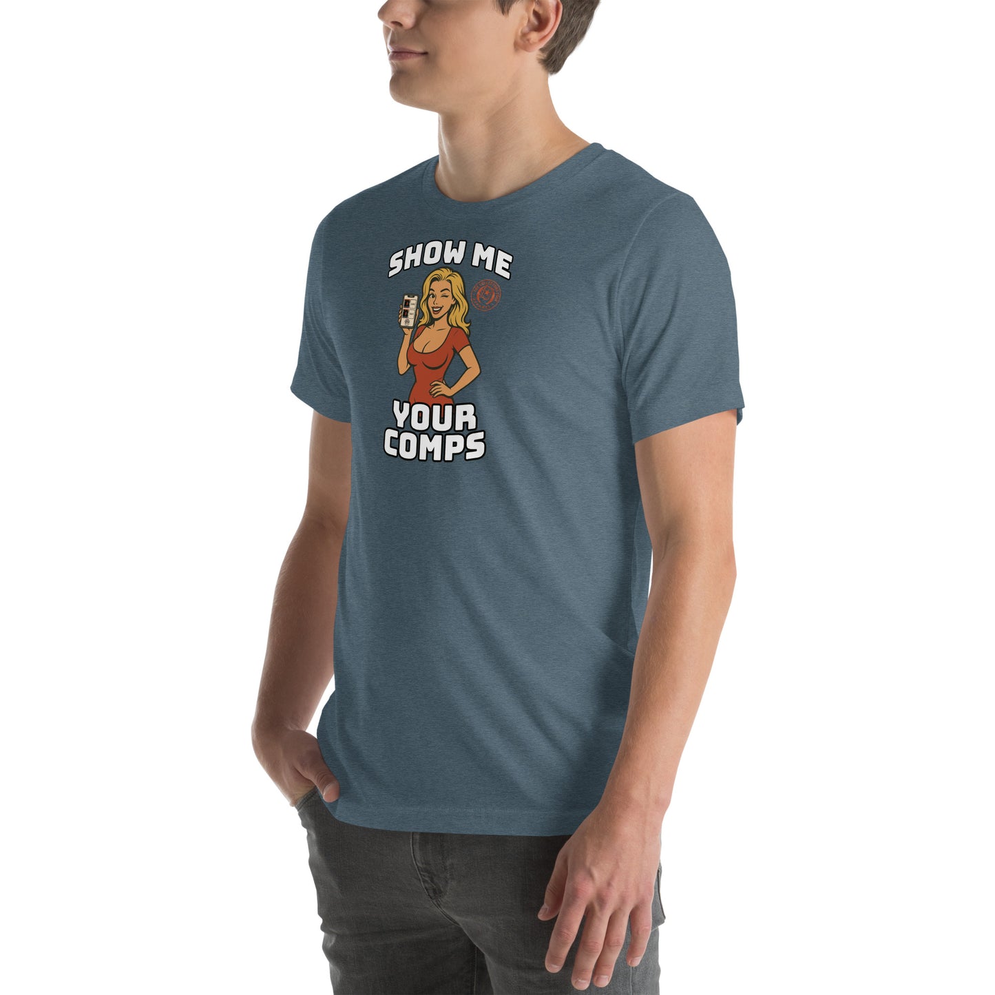 Funny hobby t-shirt with cartoon woman holding a graded card and the phrase “Show Me Your Comps” – made for sports card collectors