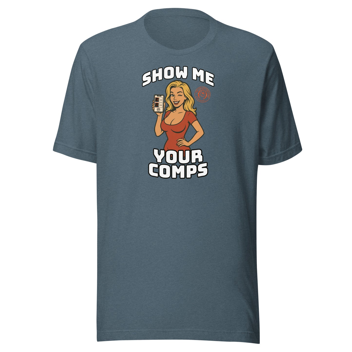 Funny hobby t-shirt with cartoon woman holding a graded card and the phrase “Show Me Your Comps” – made for sports card collectors.