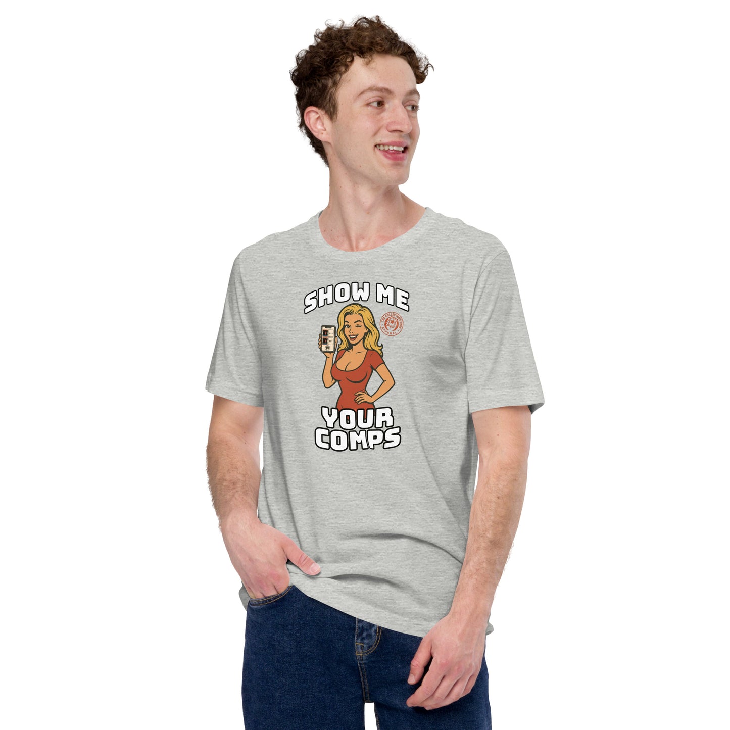 Funny hobby t-shirt with cartoon woman holding a graded card and the phrase “Show Me Your Comps” – made for sports card collectors