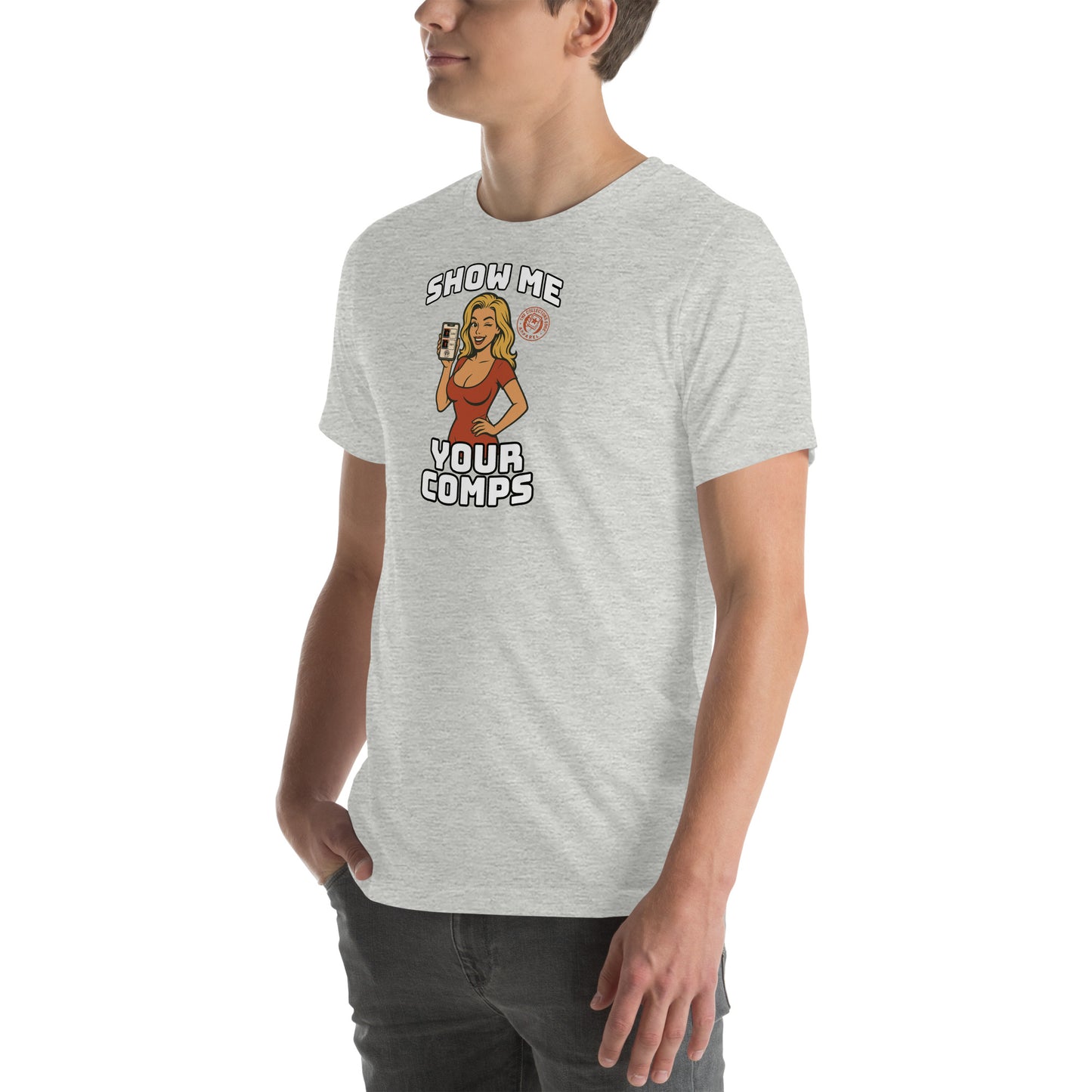 Funny hobby t-shirt with cartoon woman holding a graded card and the phrase “Show Me Your Comps” – made for sports card collectors