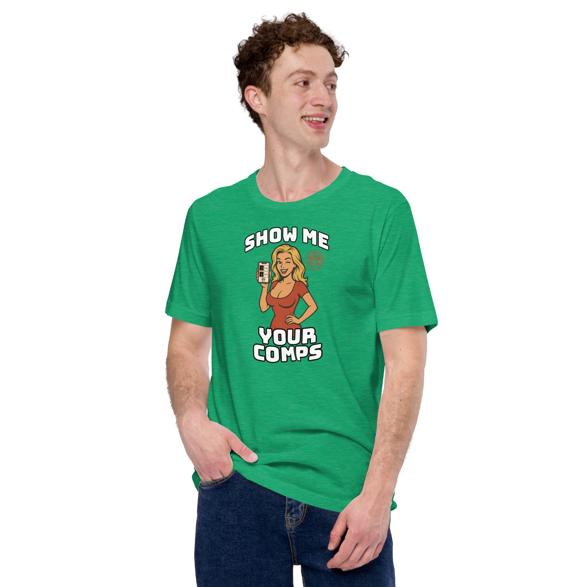 Funny hobby t-shirt with cartoon woman holding a graded card and the phrase “Show Me Your Comps” – made for sports card collectors
