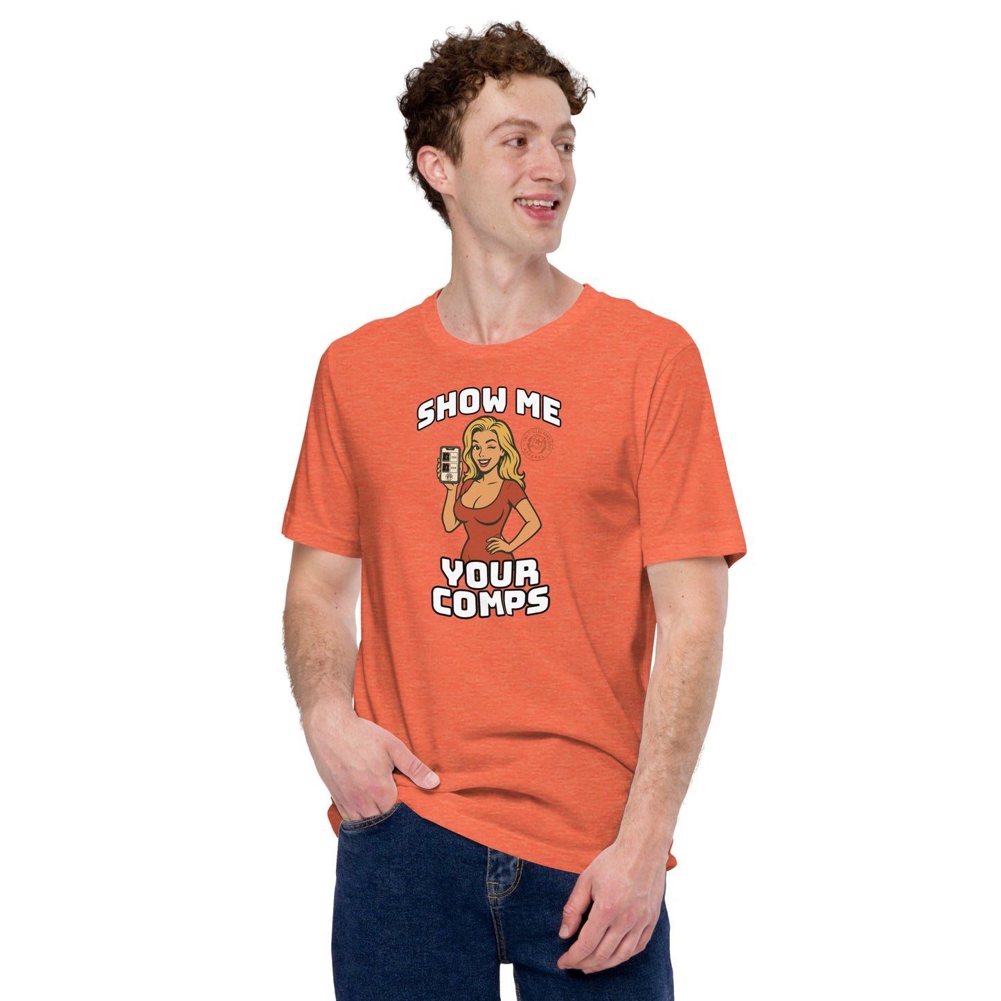 Funny hobby t-shirt with cartoon woman holding a graded card and the phrase “Show Me Your Comps” – made for sports card collectors