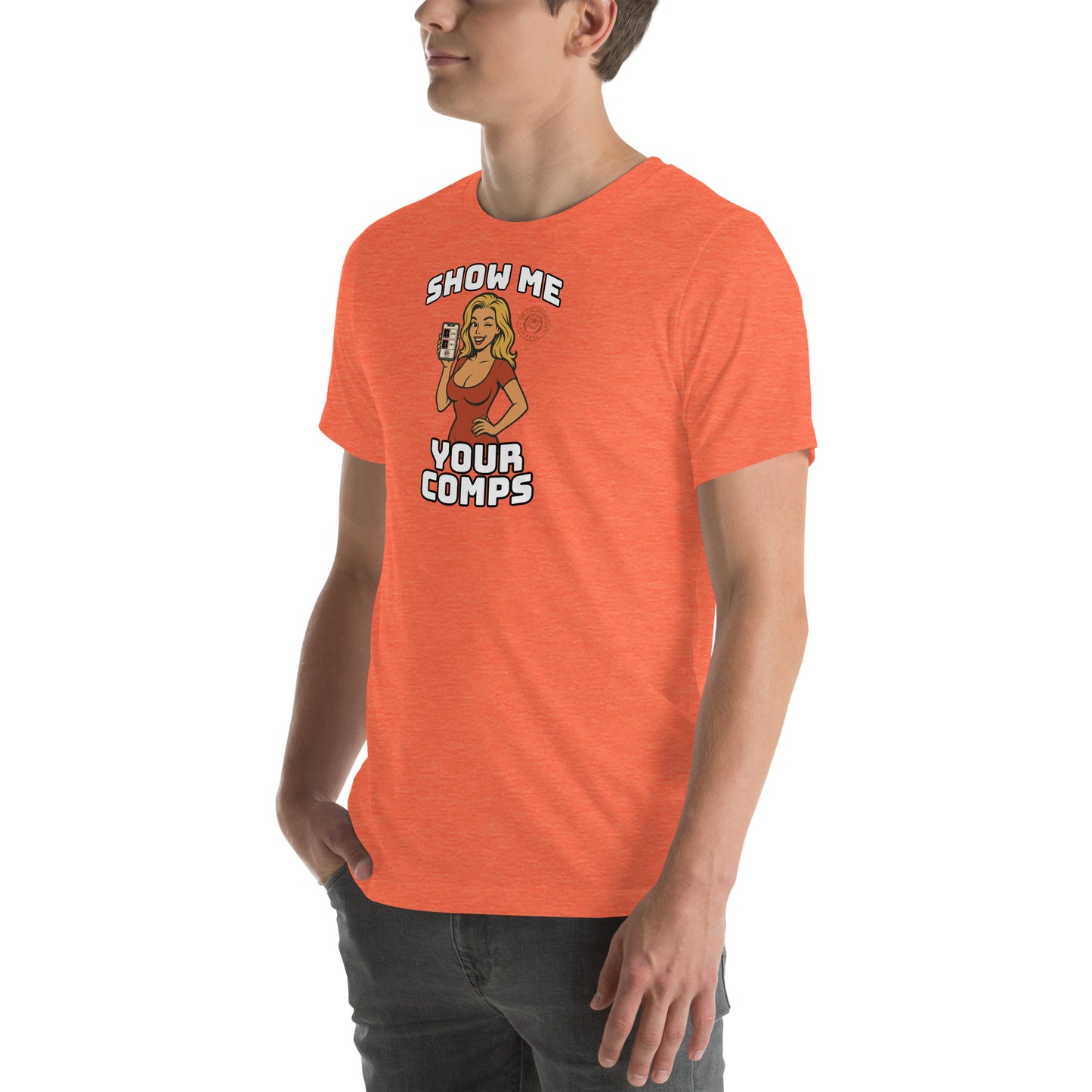Funny hobby t-shirt with cartoon woman holding a graded card and the phrase “Show Me Your Comps” – made for sports card collectors