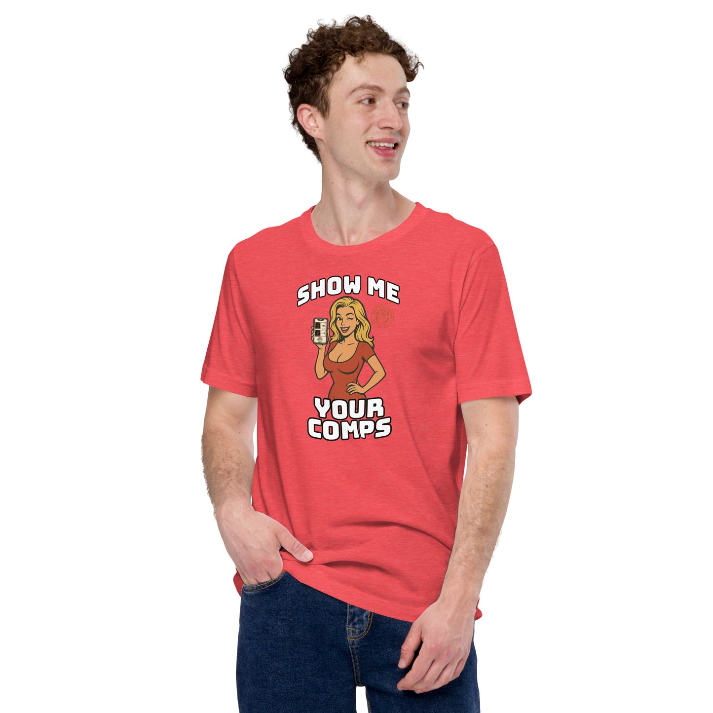 Funny hobby t-shirt with cartoon woman holding a graded card and the phrase “Show Me Your Comps” – made for sports card collectors