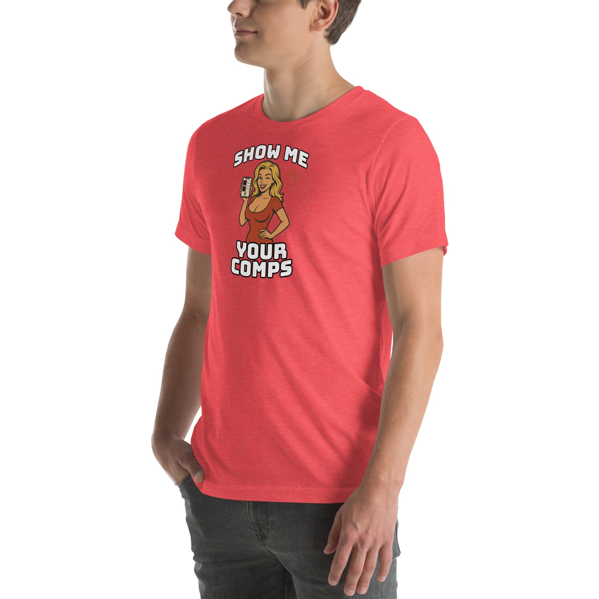Funny hobby t-shirt with cartoon woman holding a graded card and the phrase “Show Me Your Comps” – made for sports card collectors