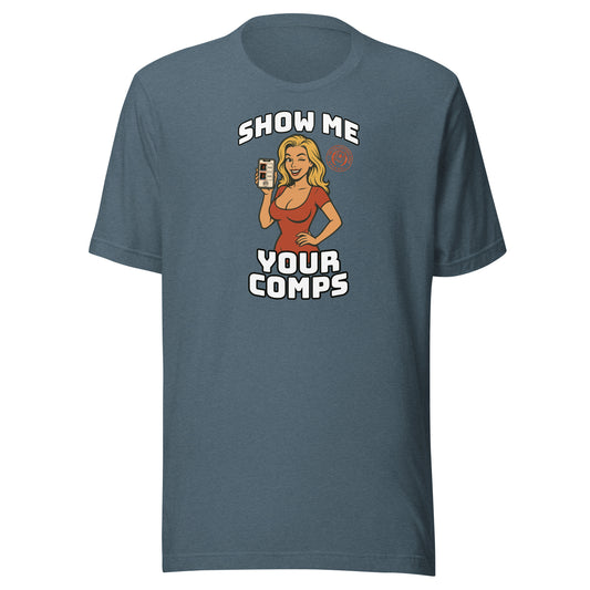 Funny sports card collector shirt with comps-themed design