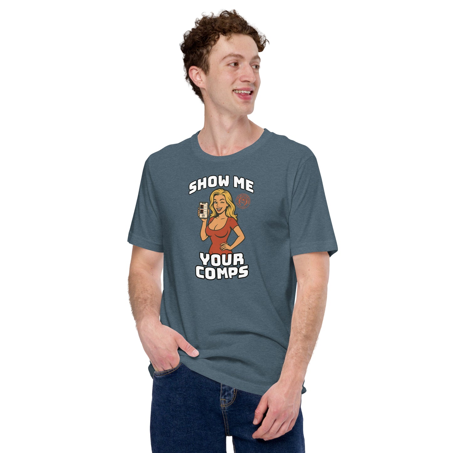 Funny hobby t-shirt with cartoon woman holding a graded card and the phrase “Show Me Your Comps” – made for sports card collectors